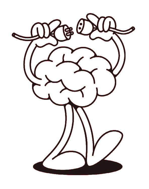 Illustrated brain holding two power plugs