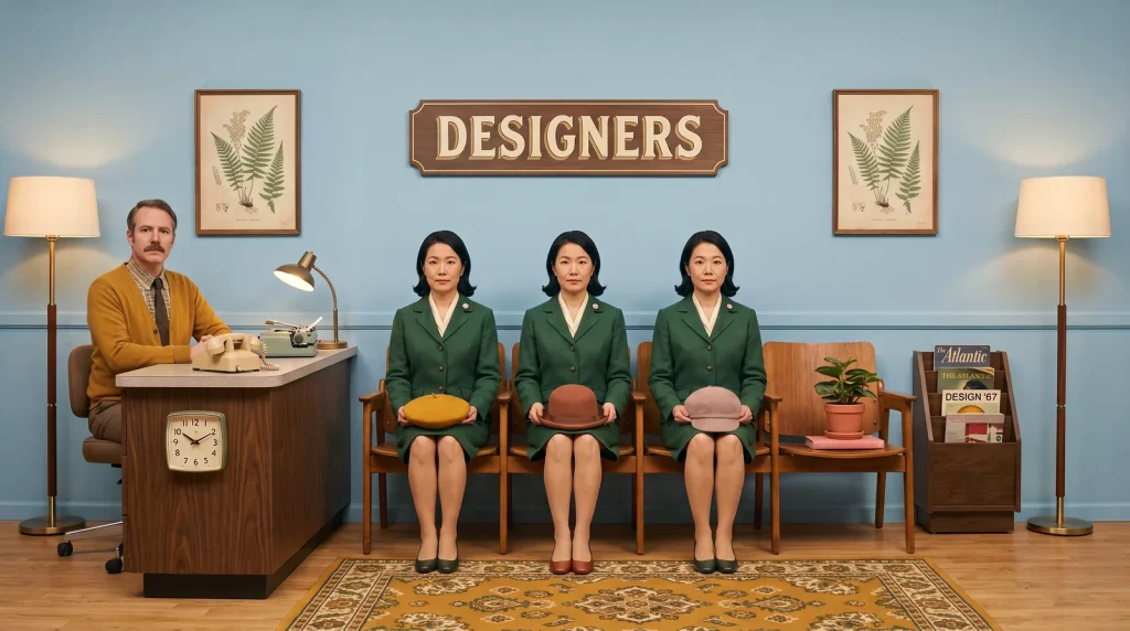 Three identical designers sit side by side on a waiting room bench, each holding a different hat, showing how closely educational, learning and instructional design overlap.