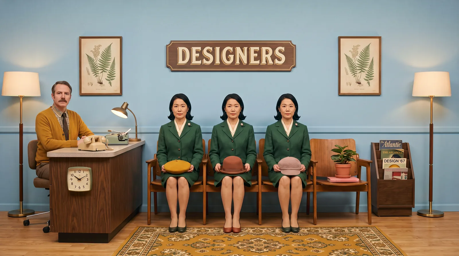 Three identical designers sit side by side on a waiting room bench, each holding a different hat, showing how closely educational, learning and instructional design overlap.