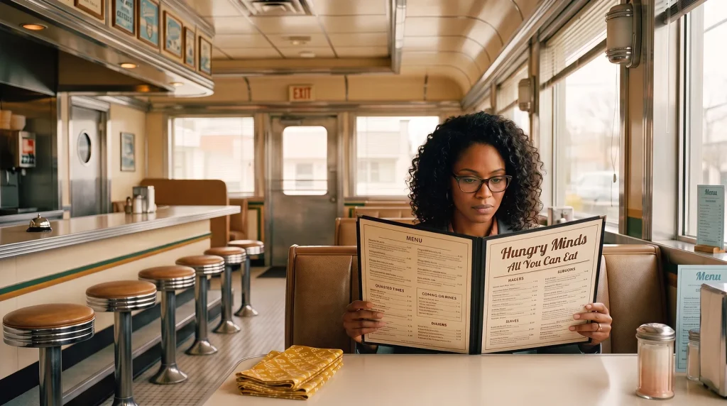 A woman in a diner reads a Hungry Minds all-you-can-eat menu, showing a menu of learning methods and activities to choose from.