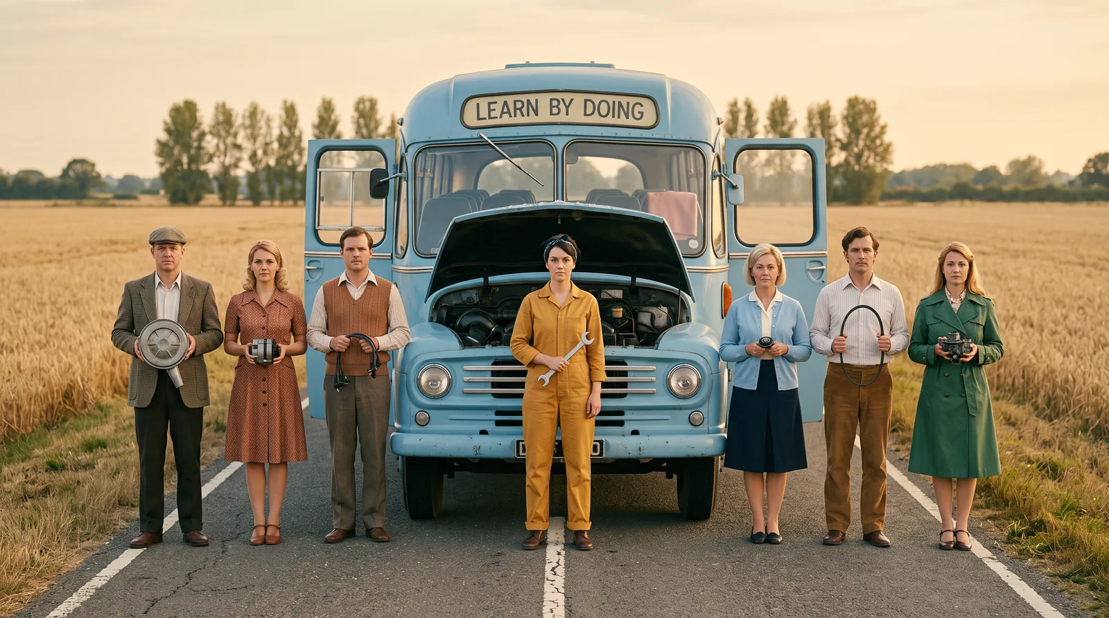 A mechanic in mustard overalls stands at a broken-down tour bus while passengers each hold an engine part, showing problem-based learning at work: the problem comes first.