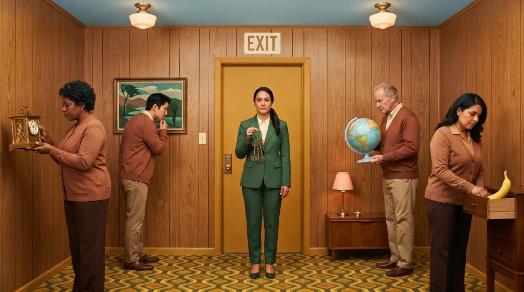 A woman stands at a locked door in a panelled room while colleagues study a clock, a globe and a painting for clues, showing problem-based learning as solving a real problem.