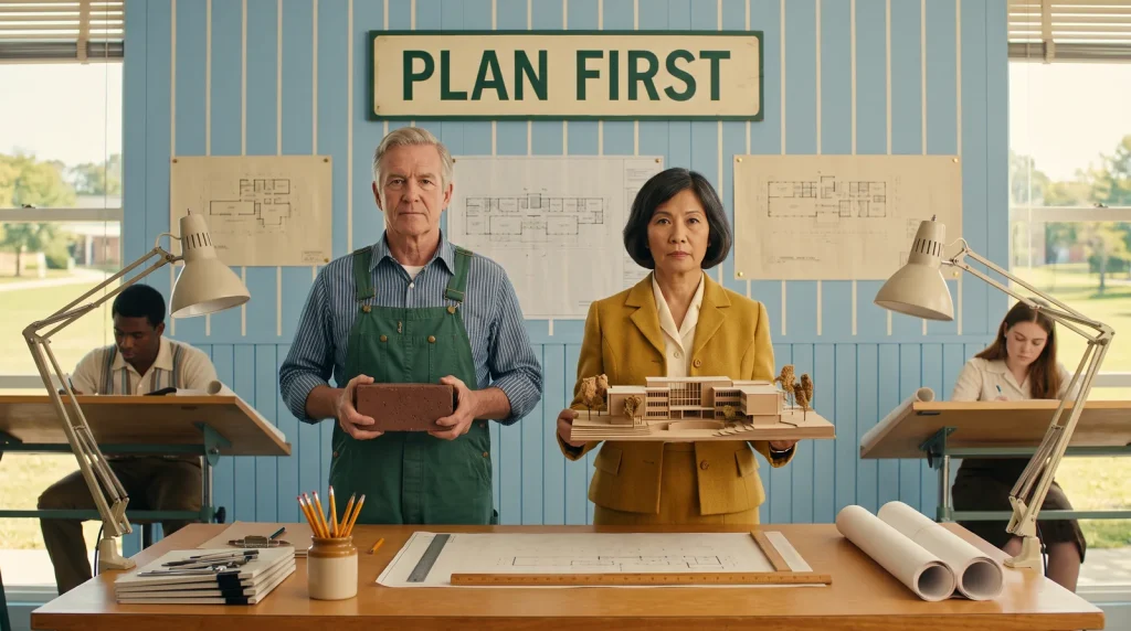 An architect holds a model school building while the builder beside her holds a single brick, showing instructional design as the plan before the build.