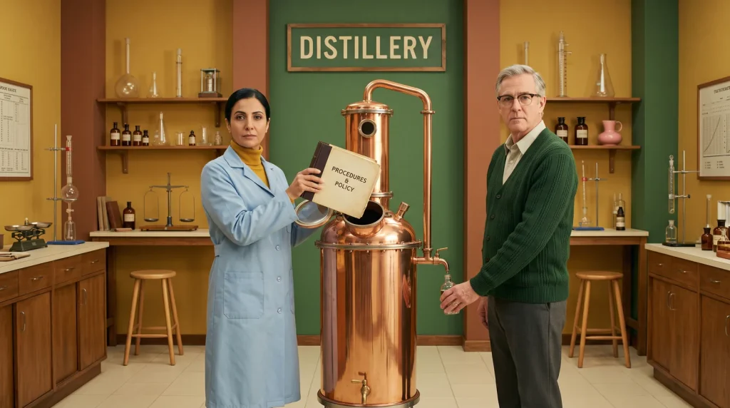 A scientist feeds a policy binder into a copper still while a colleague waits for the small bottle it fills, showing complex health content distilled into clear learning.