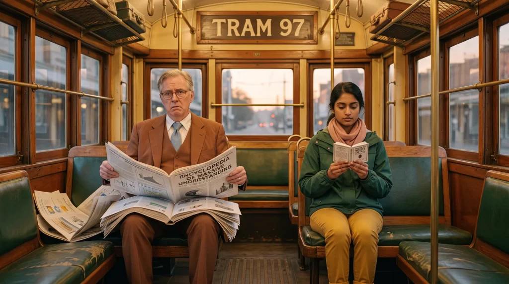 A young woman on a tram reads a matchbox-sized training manual while an older man wrestles an enormous one, showing short, mobile learning for Gen Z.