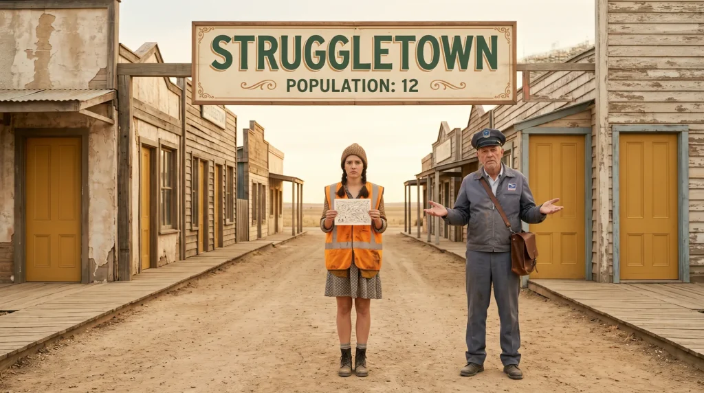 A worker in a hi-vis vest stands in a deserted street under a sign reading Struggletown, showing how confusing navigation drives learners away.