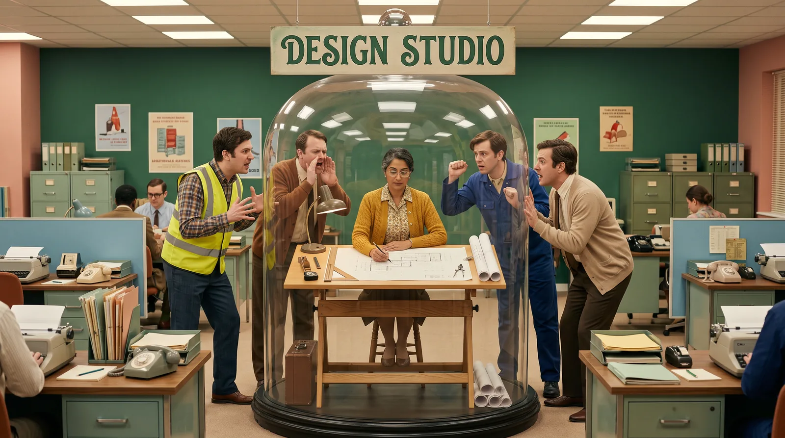 A designer works inside a glass bell jar while staff press against the glass, showing what happens when eLearning is designed without its users.