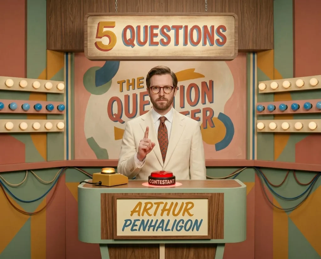 A game show host in a cream suit stands at a podium under a sign reading 5 Questions, one finger raised, showing the questions smart teams ask before building digital learning.