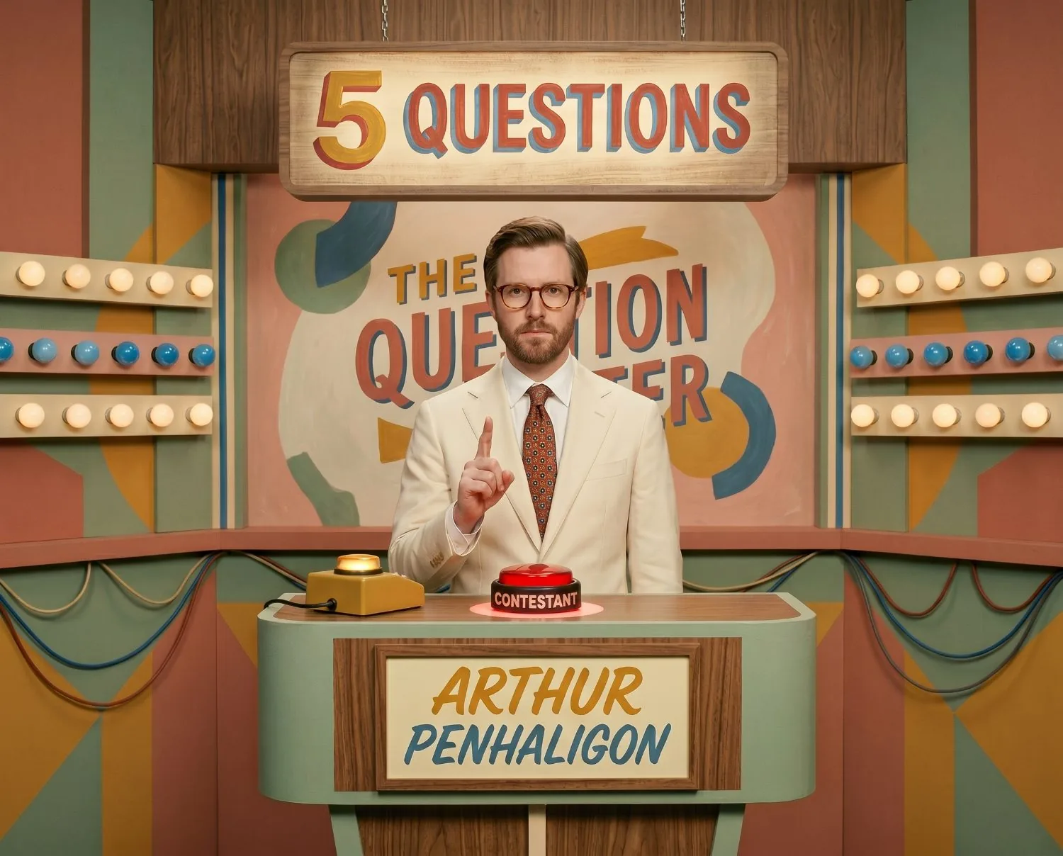 A game show host in a cream suit stands at a podium under a sign reading 5 Questions, one finger raised, showing the questions smart teams ask before building digital learning.