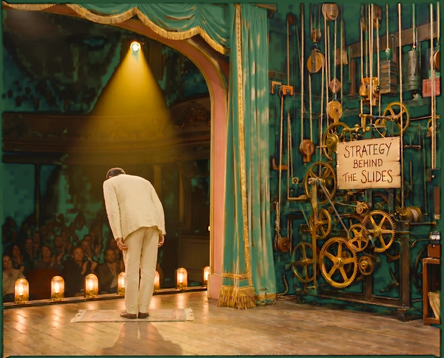 A presenter takes a bow on stage while the machinery beside the curtain is labelled strategy behind the slides, showing instructional design strategy as the work behind the content.
