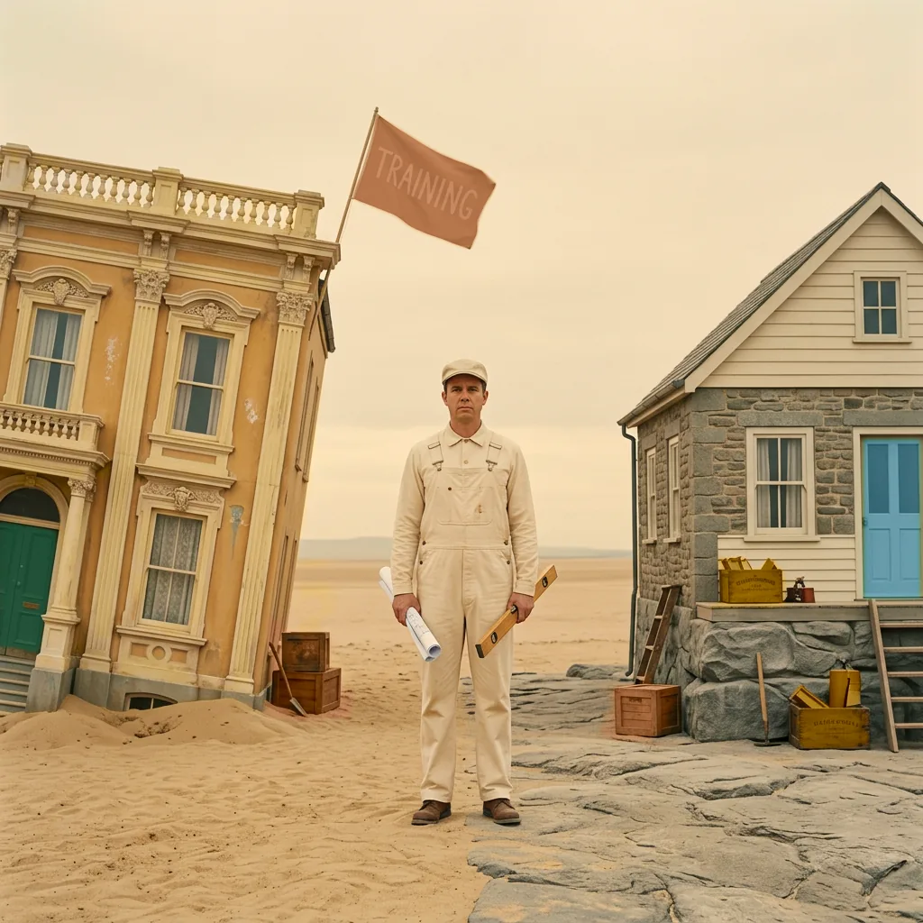 A grand building flying a training flag sinks into sand beside a plain house on solid rock, showing training that fails without a supportive culture underneath it.