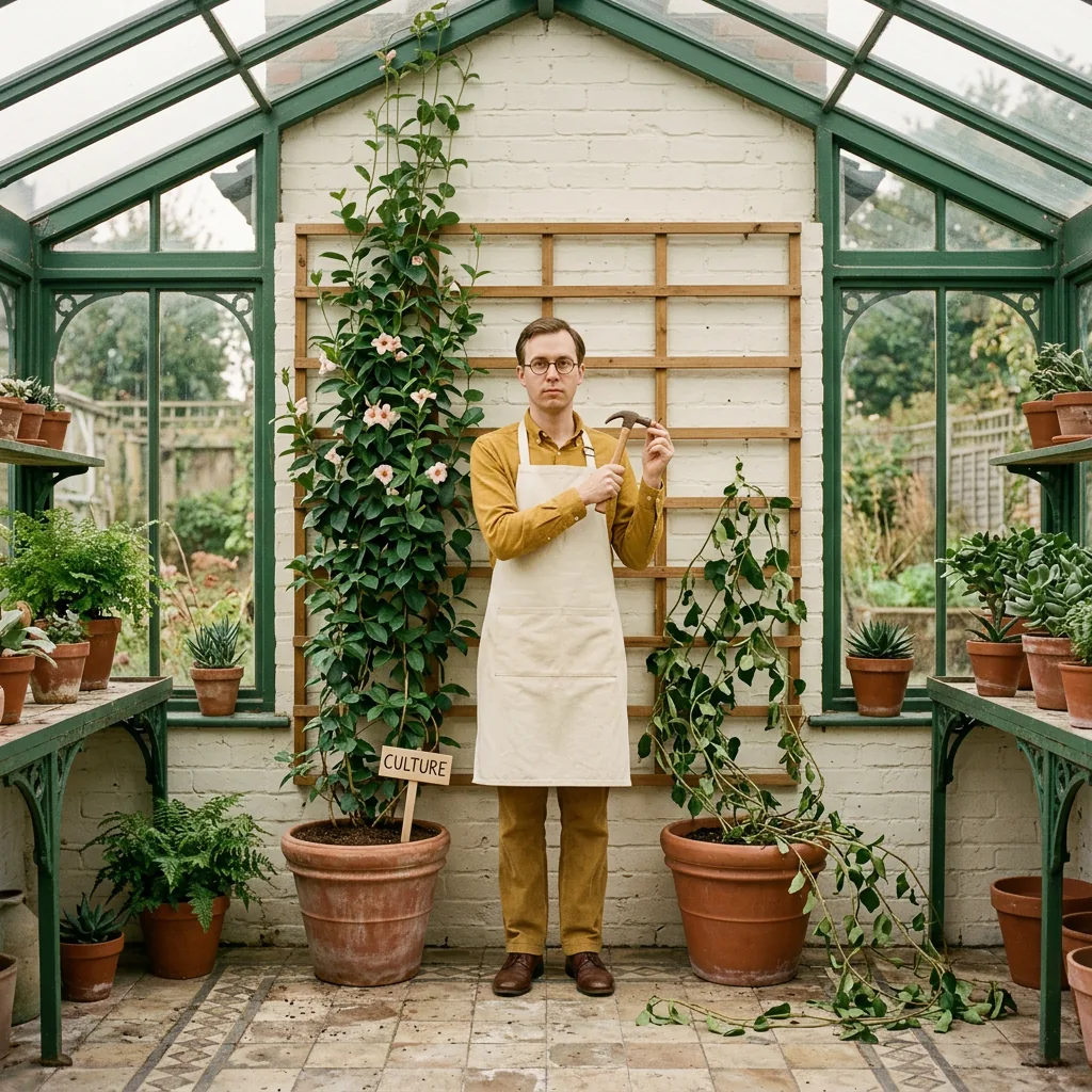 A gardener in a greenhouse stands beside a trellis while a climbing plant labelled culture grows up it, showing a learning culture growing on the right support.