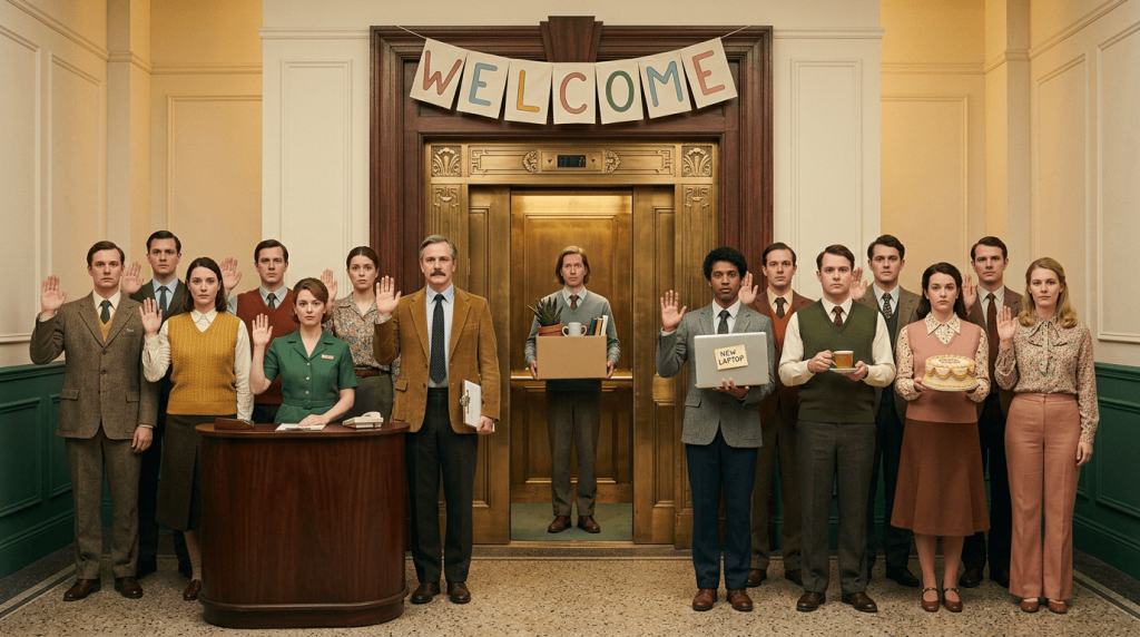 A new starter holding a box of desk belongings steps out of an old brass lift to find the whole office team lined up in the lobby, waving hello under a hand-lettered welcome banner.