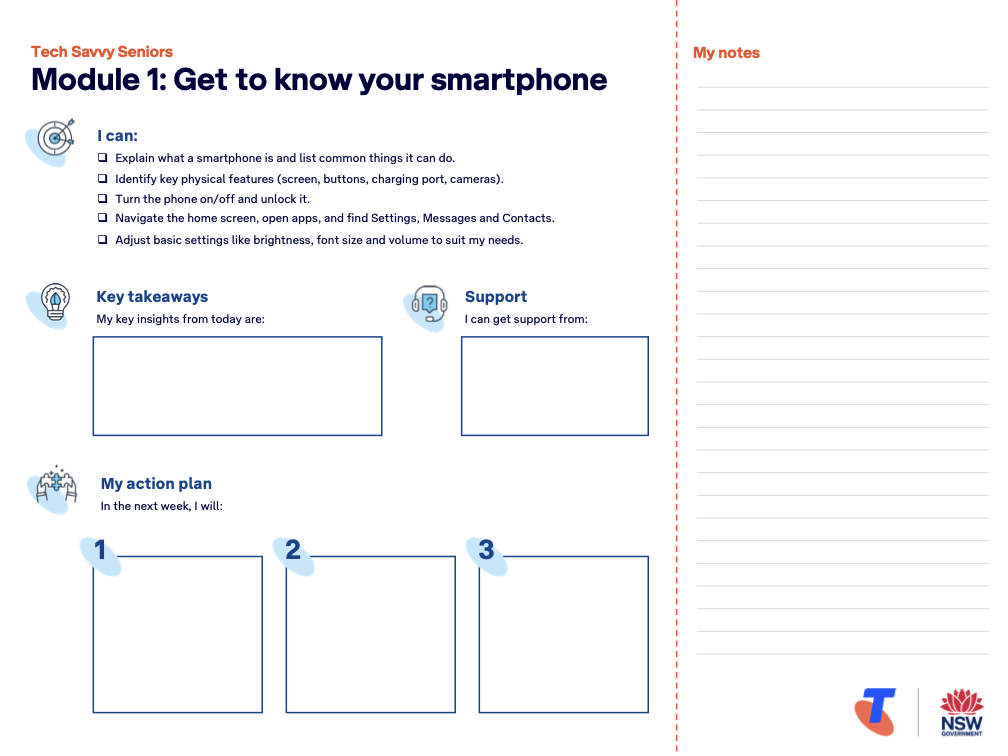 Telstra’s Tech Savvy Seniors program incorporates learning canvases to support reflection, capture key insights, and help learners apply new skills through structured note-taking and action planning.