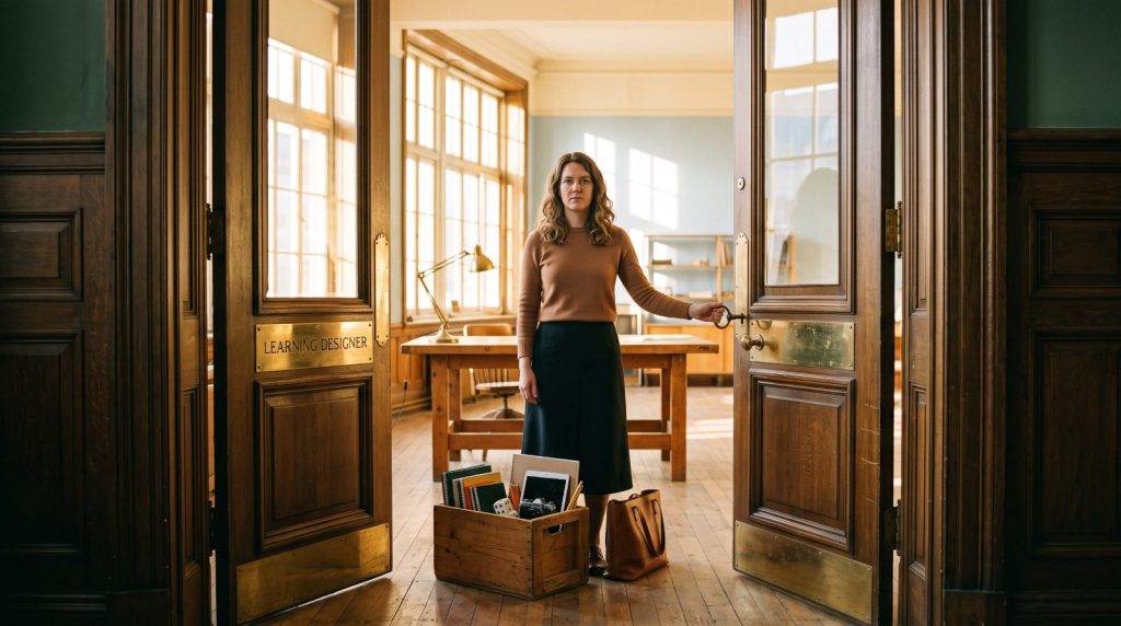 A learning designer standing in an open doorway with a toolbox at her feet