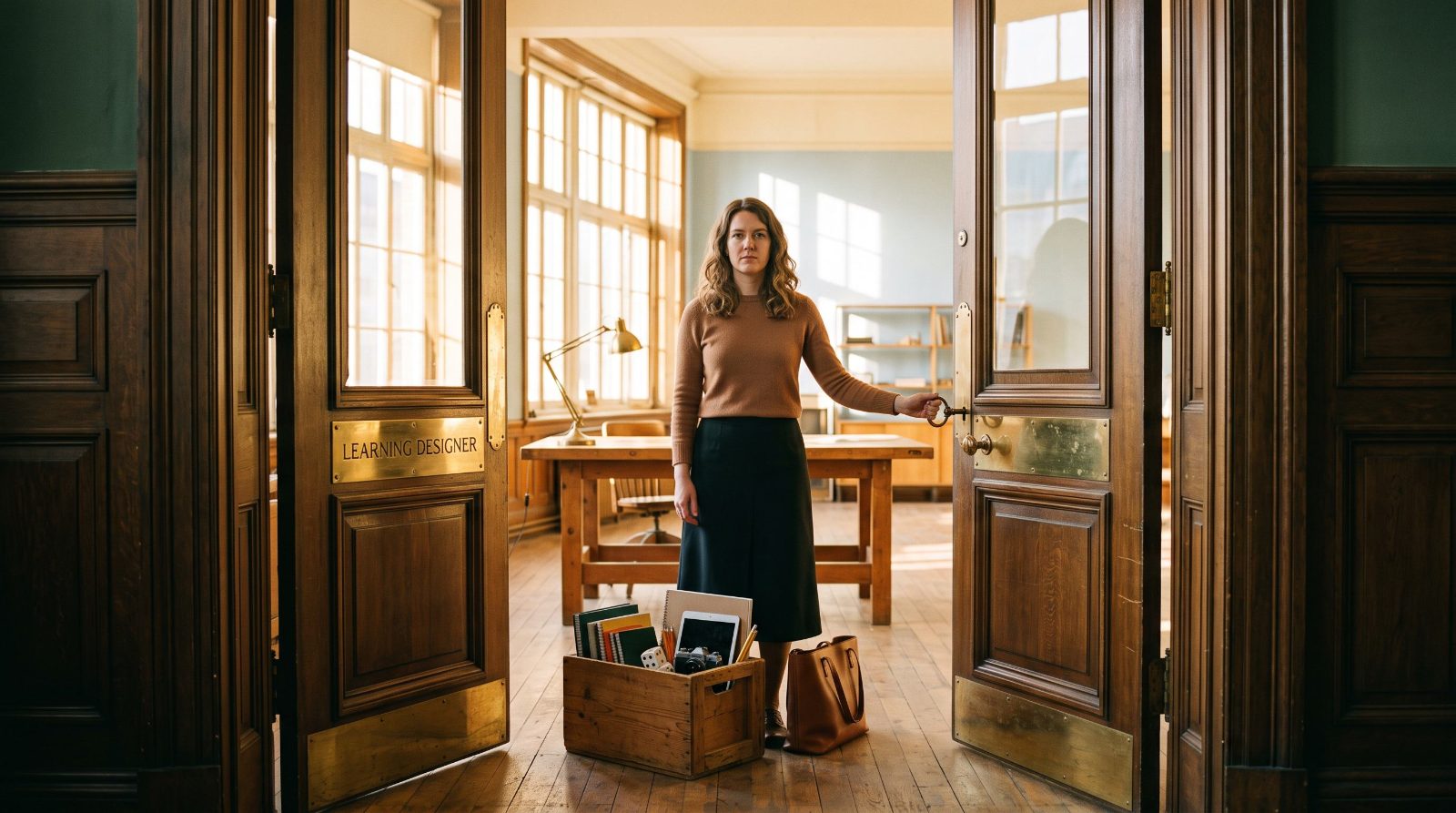A learning designer standing in an open doorway with a toolbox at her feet