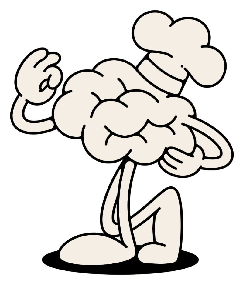 The Hungry Minds brain character in a chef hat, tasting with an OK sign