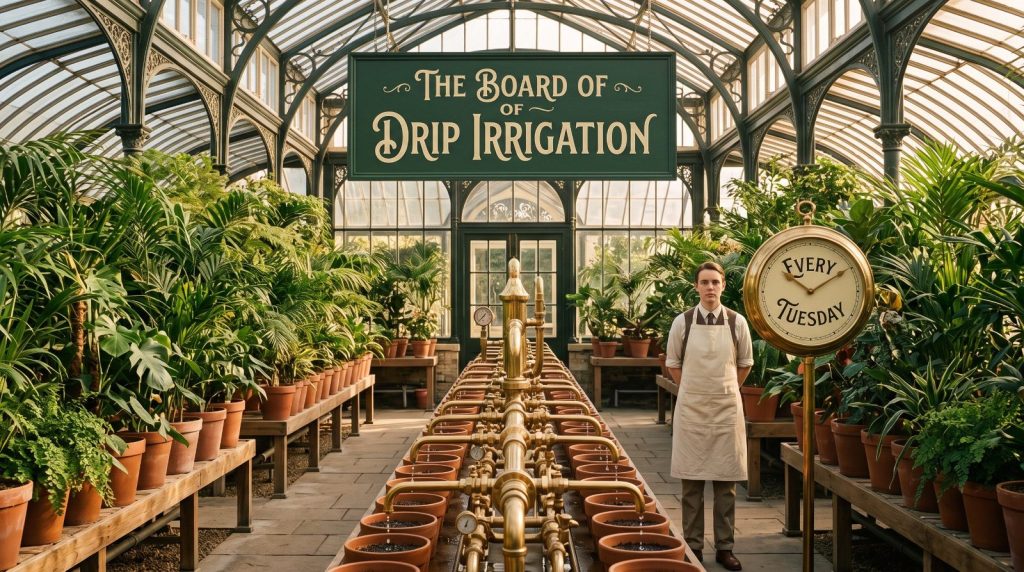 A long glasshouse of seedlings on a drip irrigation bench, watered on a schedule
