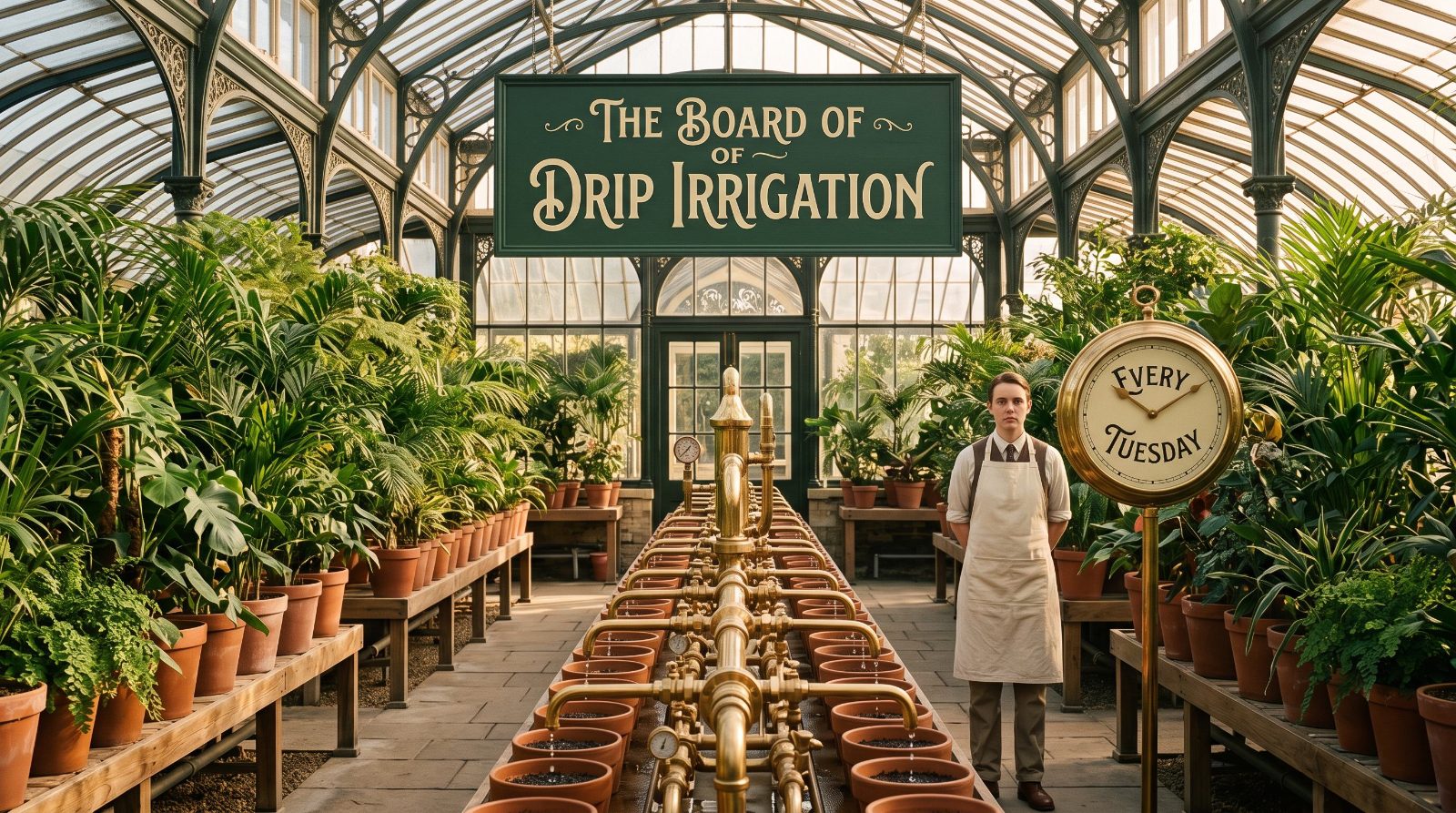 A long glasshouse of seedlings on a drip irrigation bench, watered on a schedule