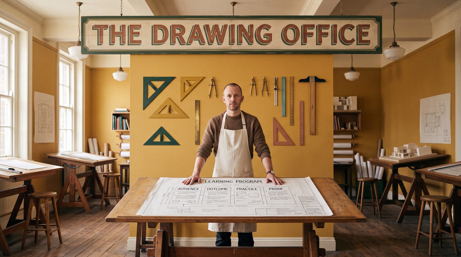 A designer laying out a course plan on a drafting table beneath a sign reading The Drawing Office