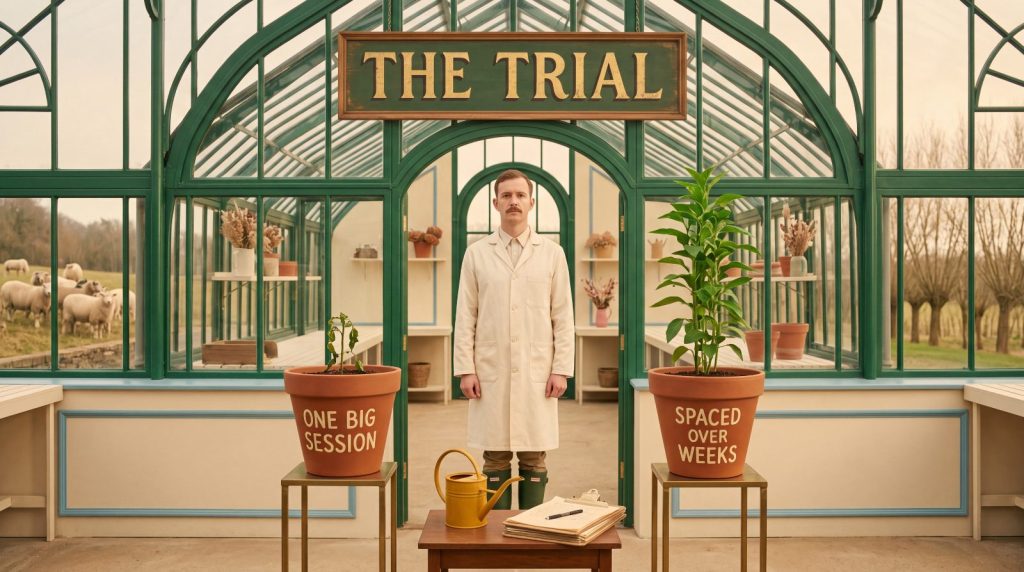 A researcher in a glasshouse tending potted trials under a sign reading The Trial