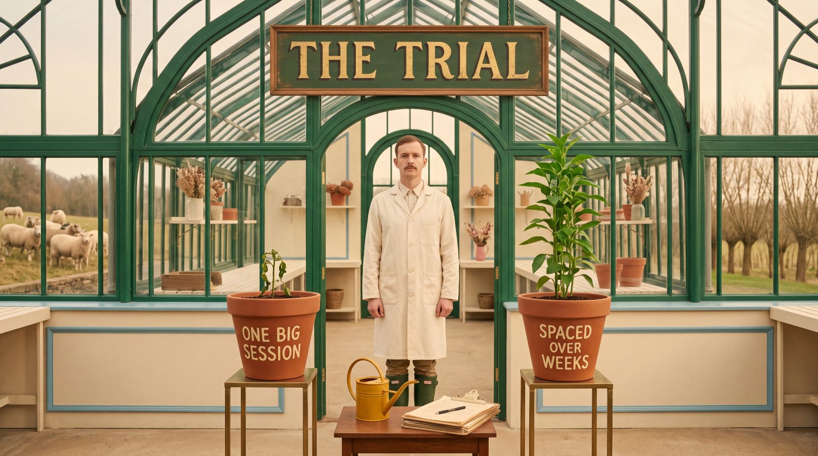 A researcher in a glasshouse tending potted trials under a sign reading The Trial