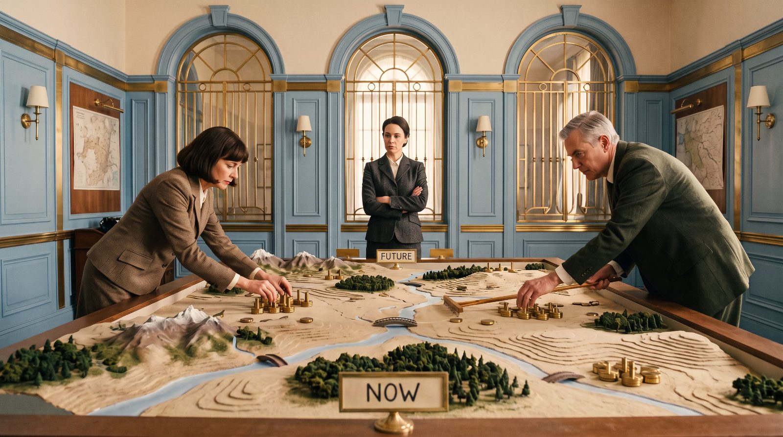Three colleagues planning over a landscape model laid out on a table