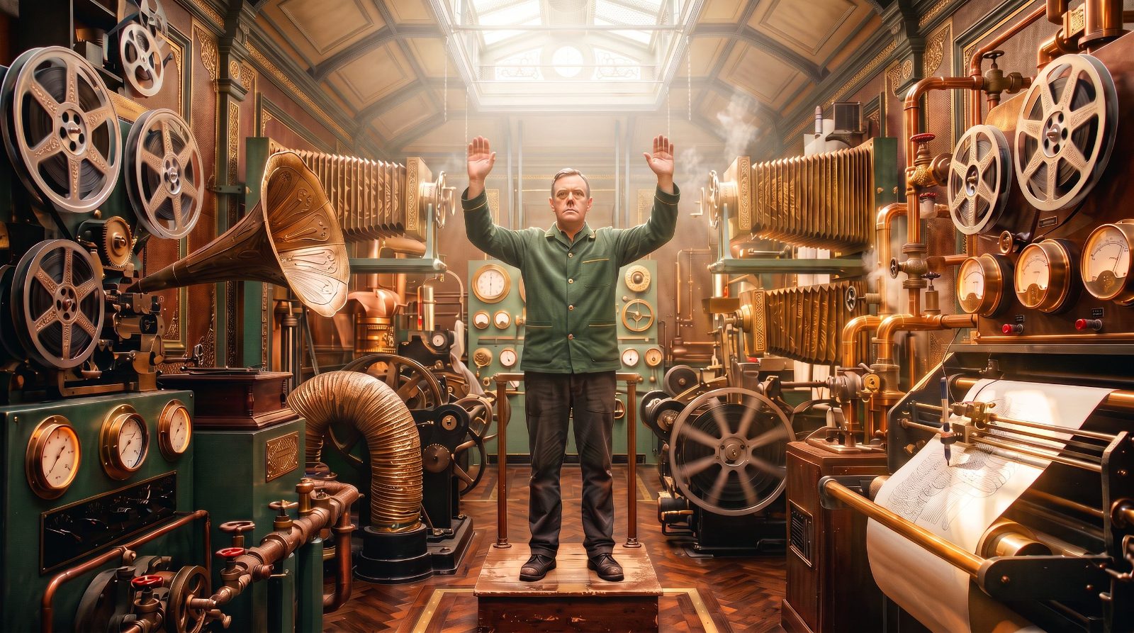 A technician standing arms raised among film projectors and brass machinery