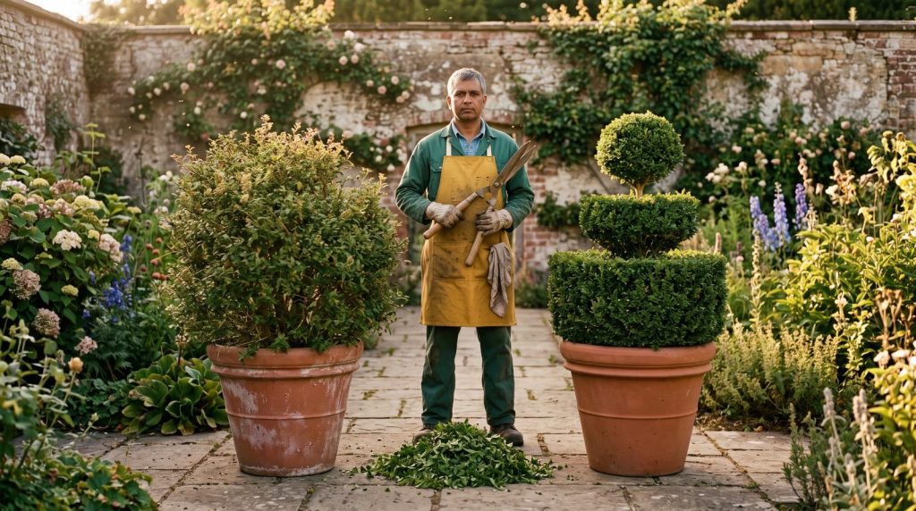 A gardener in a walled garden beside carefully clipped topiary in terracotta pots