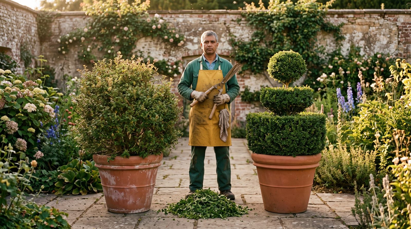 A gardener in a walled garden beside carefully clipped topiary in terracotta pots