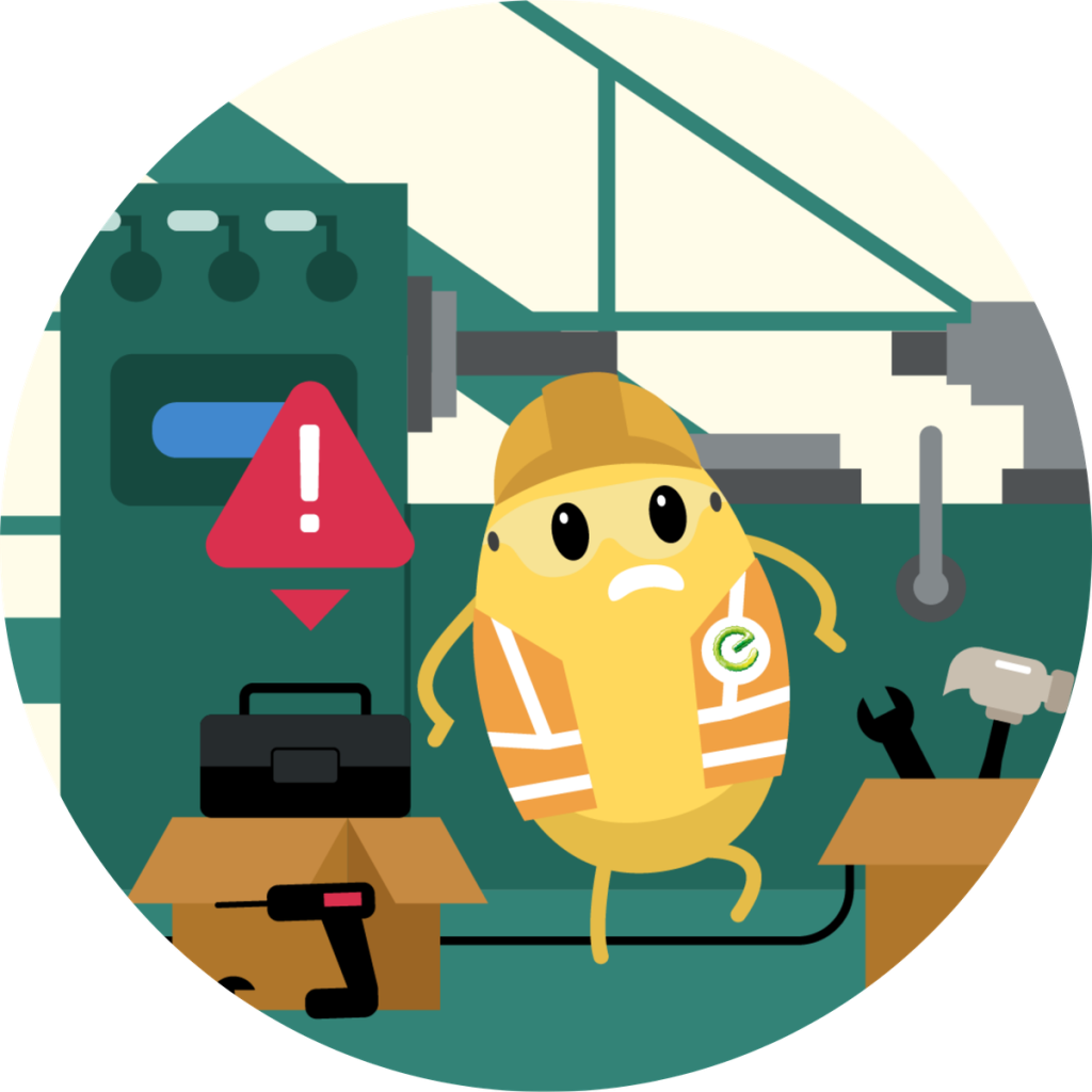 two stylised characters in eLearning safety scenarios, one facing an aggressive customer and one working in a workshop.