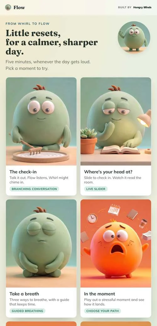 The Flow app home screen, a menu of 90-second wellbeing moments