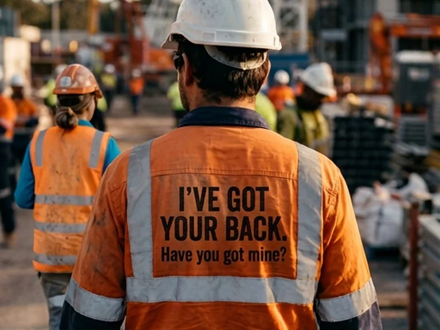 A worker's hi-vis printed with I've got your back. Have you got mine?