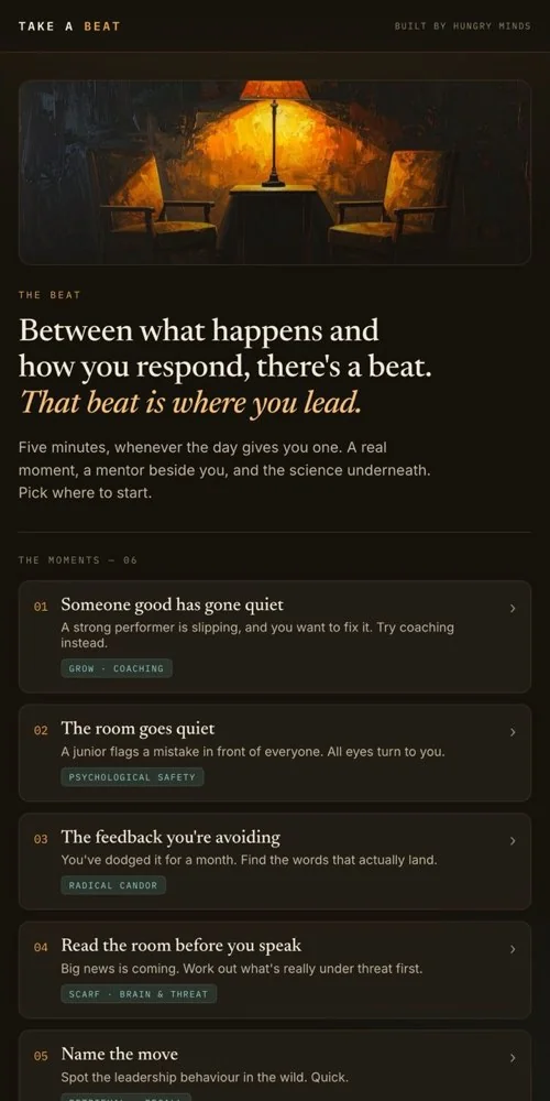 The Take a Beat app home screen, a lamp-lit scene and a list of leadership moments